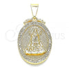 Oro Laminado Religious Pendant, Gold Filled Style Caridad del Cobre Design, with White Cubic Zirconia, Polished, Golden Finish, 05.253.0151