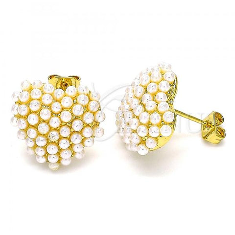 Oro Laminado Stud Earring, Gold Filled Style Heart Design, with Ivory Pearl, Polished, Golden Finish, 02.379.0005