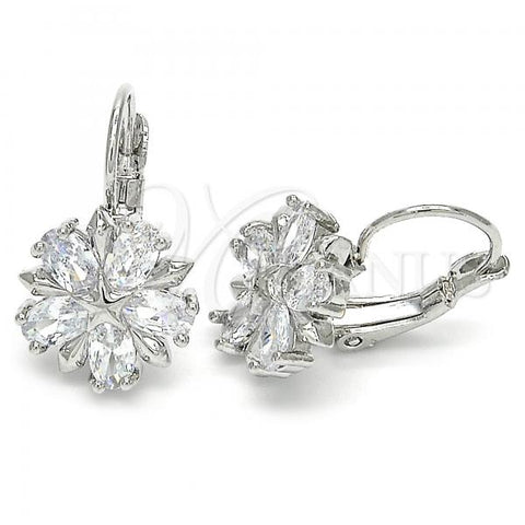 Rhodium Plated Leverback Earring, Flower and Star Design, with White Cubic Zirconia, Polished, Rhodium Finish, 02.210.0218.4