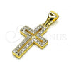 Oro Laminado Religious Pendant, Gold Filled Style Cross Design, with White Micro Pave, Polished, Golden Finish, 05.342.0091