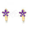 Oro Laminado Huggie Hoop, Gold Filled Style Flower Design, Purple Enamel Finish, Golden Finish, 02.213.0180.1.12