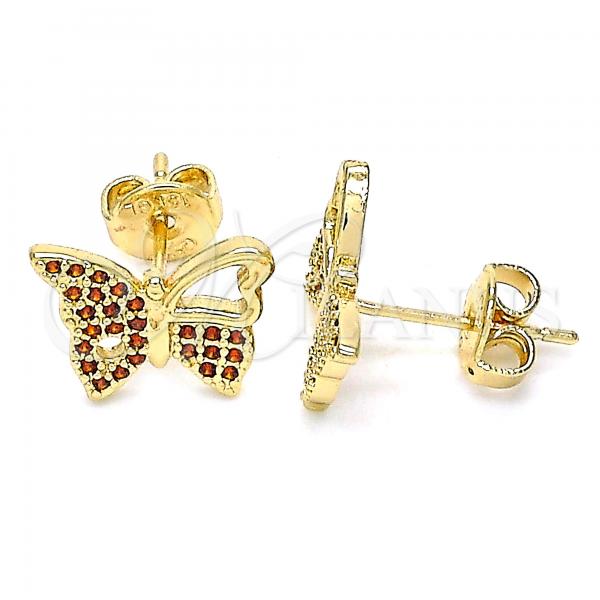 Oro Laminado Stud Earring, Gold Filled Style Butterfly Design, with Garnet Micro Pave, Polished, Golden Finish, 02.156.0456.2