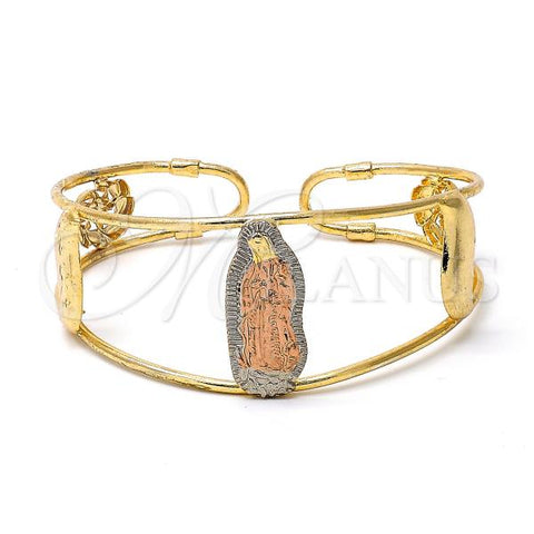 Gold Plated Individual Bangle, Guadalupe and Leaf Design, Diamond Cutting Finish, Tricolor, 03.08.0120 (30 MM Thickness, One size fits all)