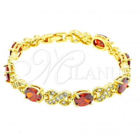 Oro Laminado Tennis Bracelet, Gold Filled Style Hugs and Kisses Design, with Garnet and White Cubic Zirconia, Polished, Golden Finish, 03.206.0001.07