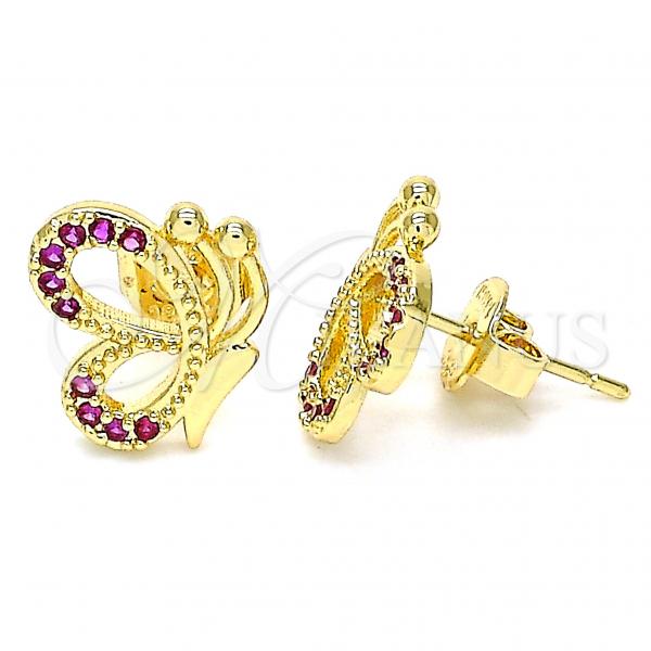 Oro Laminado Stud Earring, Gold Filled Style Butterfly Design, with Ruby Micro Pave, Polished, Golden Finish, 02.156.0387.2