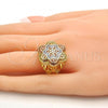 Oro Laminado Multi Stone Ring, Gold Filled Style Flower Design, with White Micro Pave, Polished, Tricolor, 01.26.0002.09 (Size 9)