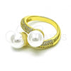Oro Laminado Multi Stone Ring, Gold Filled Style with White Micro Pave and Ivory Pearl, Polished, Golden Finish, 01.341.0097