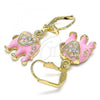 Oro Laminado Dangle Earring, Gold Filled Style Elephant Design, with White Crystal, Pink Enamel Finish, Golden Finish, 02.351.0058.5