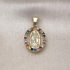 Oro Laminado Religious Pendant, Gold Filled Style Guadalupe Design, with Multicolor Cubic Zirconia, Polished, Golden Finish, 05.210.0007.1