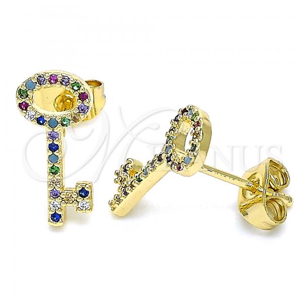 Oro Laminado Stud Earring, Gold Filled Style key Design, with Multicolor Micro Pave, Polished, Golden Finish, 02.344.0066.2