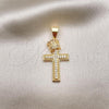 Oro Laminado Fancy Pendant, Gold Filled Style Cross and Crown Design, with White Micro Pave, Polished, Golden Finish, 05.342.0002