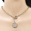 Oro Laminado Fancy Necklace, Gold Filled Style Flower and Heart Design, with White Cubic Zirconia, Polished, Golden Finish, 04.63.1440.20