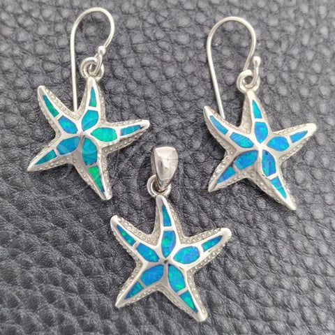 Sterling Silver Earring and Pendant Adult Set, Star Design, with Bermuda Blue Opal, Polished, Silver Finish, 10.391.0003