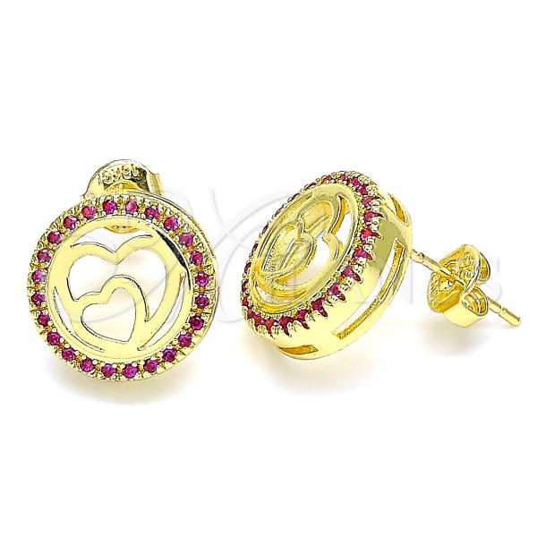 Oro Laminado Stud Earring, Gold Filled Style Heart Design, with Ruby Micro Pave, Polished, Golden Finish, 02.156.0474.1