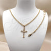 Oro Laminado Necklace and Bracelet, Gold Filled Style Crucifix and Miami Cuban Design, Polished, Golden Finish, 06.63.0274