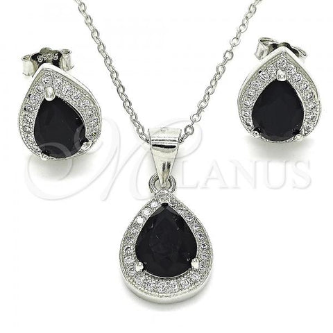 Sterling Silver Earring and Pendant Adult Set, Teardrop Design, with Black Cubic Zirconia and White Micro Pave, Polished, Rhodium Finish, 10.175.0072.4