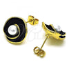 Oro Laminado Stud Earring, Gold Filled Style Flower Design, with Ivory Pearl, Black Enamel Finish, Golden Finish, 02.379.0019.1