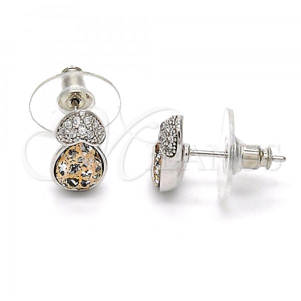 Rhodium Plated Stud Earring, Heart and Teardrop Design, with White Micro Pave and Rose Patina Swarovski Crystals, Polished, Rhodium Finish, 02.26.0049