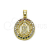 Oro Laminado Religious Pendant, Gold Filled Style Guadalupe and Twist Design, with Multicolor Cubic Zirconia, Polished, Golden Finish, 05.210.0005.1