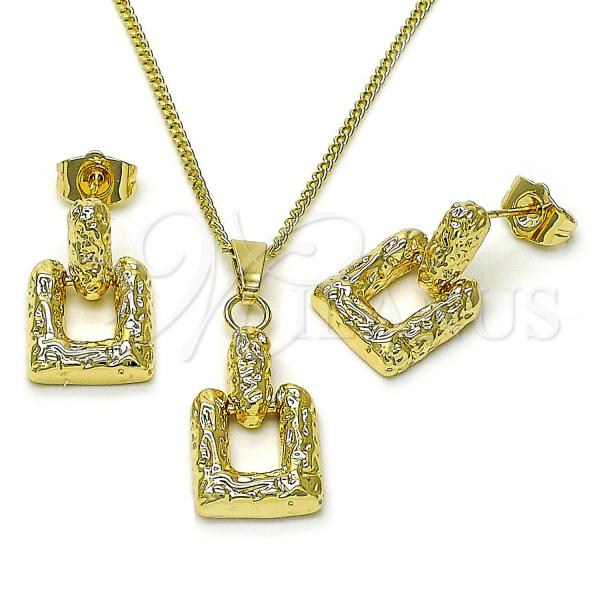 Oro Laminado Earring and Pendant Adult Set, Gold Filled Style Belt Buckle Design, Diamond Cutting Finish, Golden Finish, 10.163.0035