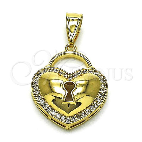 Oro Laminado Fancy Pendant, Gold Filled Style Heart and key Design, with White Micro Pave, Polished, Golden Finish, 05.411.0022