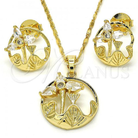 Oro Laminado Earring and Pendant Adult Set, Gold Filled Style Flower and Leaf Design, with White Cubic Zirconia, Polished, Golden Finish, 10.221.0019.1
