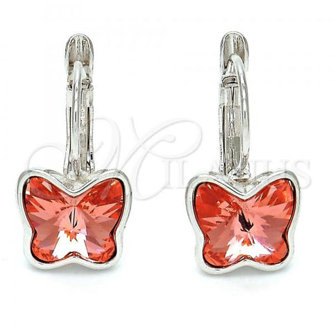 Rhodium Plated Leverback Earring, Butterfly Design, with Rose Peach Swarovski Crystals, Polished, Rhodium Finish, 02.239.0011.1