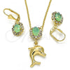 Oro Laminado Earring and Pendant Adult Set, Gold Filled Style Dolphin Design, with Chrysolite Opal and White Crystal, Polished, Golden Finish, 10.122.0008.2