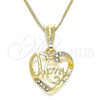 Oro Laminado Pendant Necklace, Gold Filled Style Heart and Mom Design, with White Crystal, Polished, Golden Finish, 04.351.0021.20