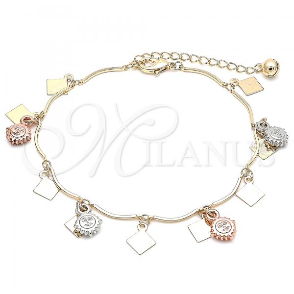 Oro Laminado Charm Anklet , Gold Filled Style Sun Design, Polished, Tricolor, 03.331.0076.10