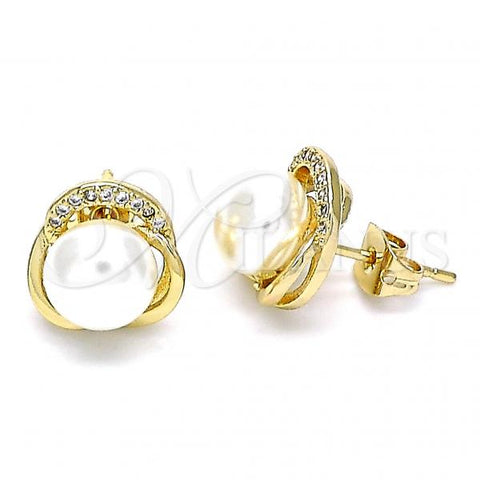 Oro Laminado Stud Earring, Gold Filled Style with Ivory Pearl and White Micro Pave, Polished, Golden Finish, 02.342.0148