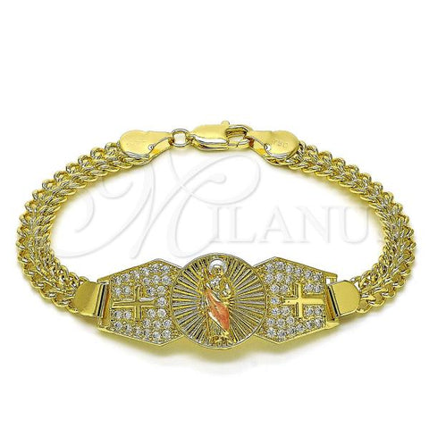 Oro Laminado Fancy Bracelet, Gold Filled Style San Judas and Bismark Design, with White Cubic Zirconia, Polished, Tricolor, 03.411.0040.1.08