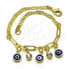 Oro Laminado Charm Bracelet, Gold Filled Style Evil Eye and Paperclip Design, with White Crystal, Blue Resin Finish, Golden Finish, 03.63.2247.08
