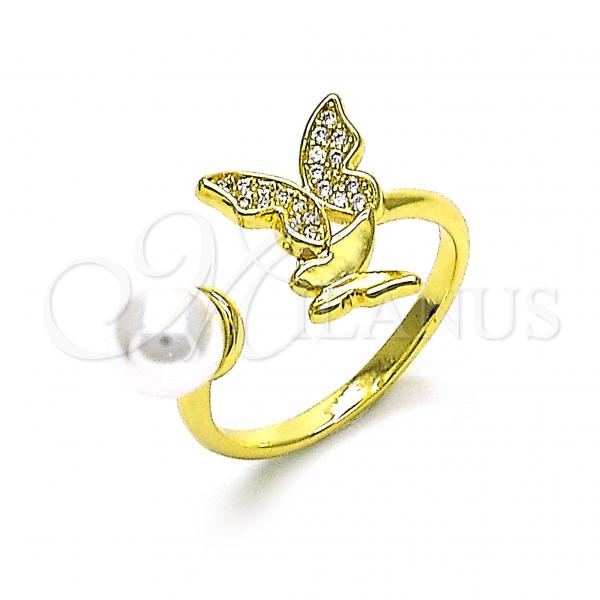 Oro Laminado Multi Stone Ring, Gold Filled Style Butterfly Design, with White Micro Pave and Ivory Pearl, Polished, Golden Finish, 01.341.0096