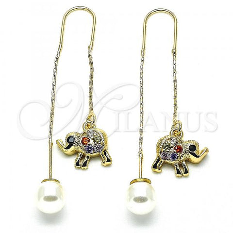 Oro Laminado Threader Earring, Gold Filled Style Elephant Design, with Multicolor Micro Pave, Polished, Golden Finish, 02.210.0340.1
