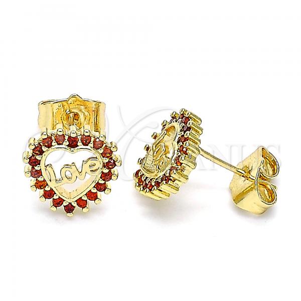 Oro Laminado Stud Earring, Gold Filled Style Heart and Love Design, with Garnet Micro Pave, Polished, Golden Finish, 02.156.0624.1