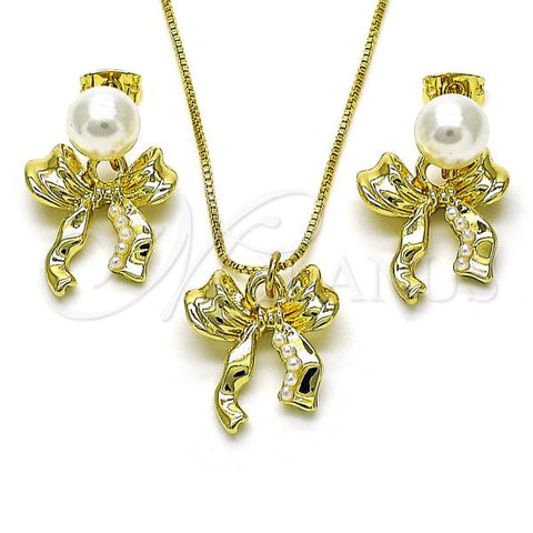 Oro Laminado Earring and Pendant Adult Set, Gold Filled Style Bow and Ball Design, with Ivory Pearl, Polished, Golden Finish, 10.417.0003