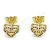 Oro Laminado Stud Earring, Gold Filled Style Heart Design, with Garnet Micro Pave, Polished, Golden Finish, 02.156.0622.1