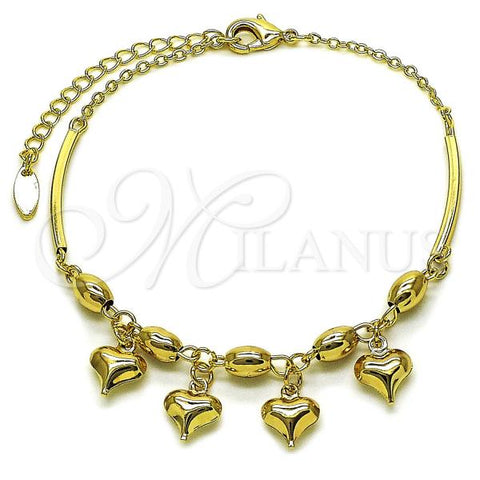 Oro Laminado Charm Anklet , Gold Filled Style Heart and Rolo Design, Polished, Golden Finish, 03.383.0034.10