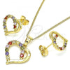 Oro Laminado Earring and Pendant Adult Set, Gold Filled Style Heart Design, with Multicolor Cubic Zirconia, Polished, Golden Finish, 10.210.0157.2