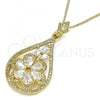 Oro Laminado Pendant Necklace, Gold Filled Style Teardrop and Flower Design, with White Cubic Zirconia, Polished, Golden Finish, 04.283.0021.20