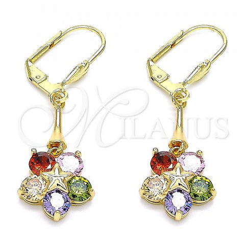 Oro Laminado Long Earring, Gold Filled Style Flower and Star Design, with Multicolor Cubic Zirconia, Polished, Golden Finish, 02.387.0063
