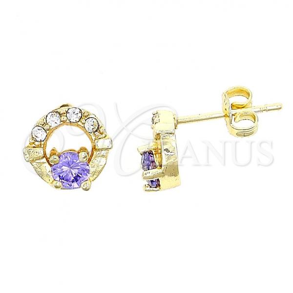 Oro Laminado Stud Earring, Gold Filled Style with Amethyst and White Cubic Zirconia, Polished, Golden Finish, 02.59.0108
