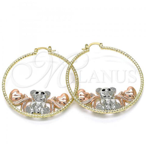 Oro Laminado Large Hoop, Gold Filled Style Teddy Bear and Heart Design, with White and Black Crystal, Diamond Cutting Finish, Tricolor, 02.380.0012.50