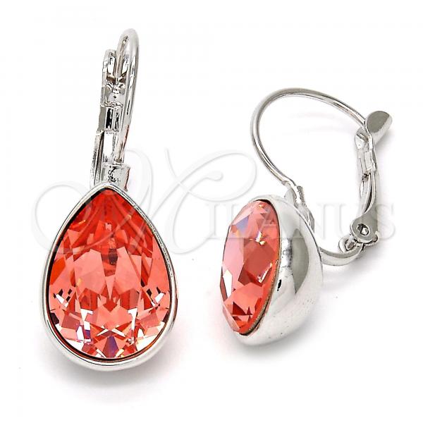 Rhodium Plated Leverback Earring, Teardrop Design, with Rose Peach Swarovski Crystals, Polished, Rhodium Finish, 02.239.0014.2