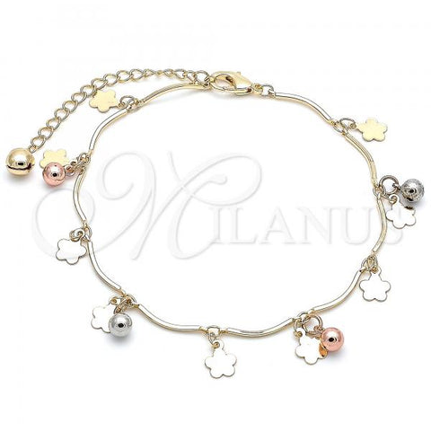 Oro Laminado Charm Anklet , Gold Filled Style Ball and Flower Design, Polished, Tricolor, 03.331.0073.10