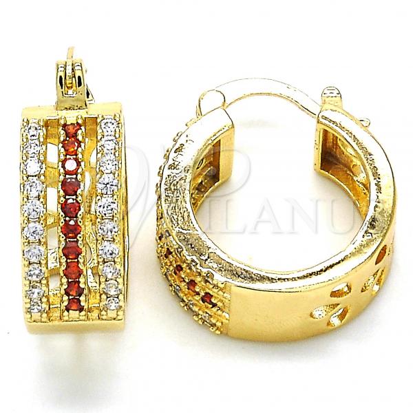 Oro Laminado Small Hoop, Gold Filled Style with Garnet and White Cubic Zirconia, Polished, Golden Finish, 02.210.0291.1.20