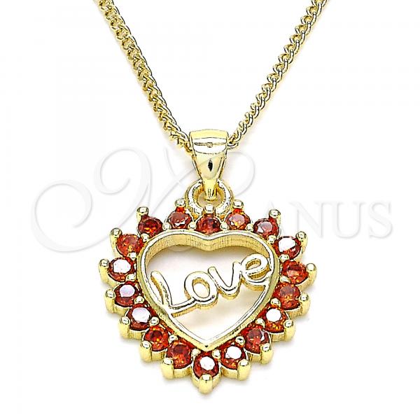 Oro Laminado Pendant Necklace, Gold Filled Style Heart and Love Design, with Garnet Micro Pave, Polished, Golden Finish, 04.156.0047.2.20