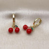 Oro Laminado Dangle Earring, Gold Filled Style Cherry Design, Red Enamel Finish, Golden Finish, 02.417.0005