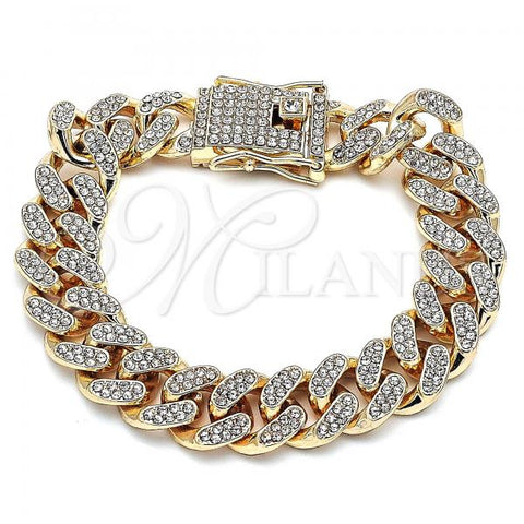 Oro Laminado Basic Bracelet, Gold Filled Style Miami Cuban Design, with White Crystal, Polished, Golden Finish, 03.372.0001.08